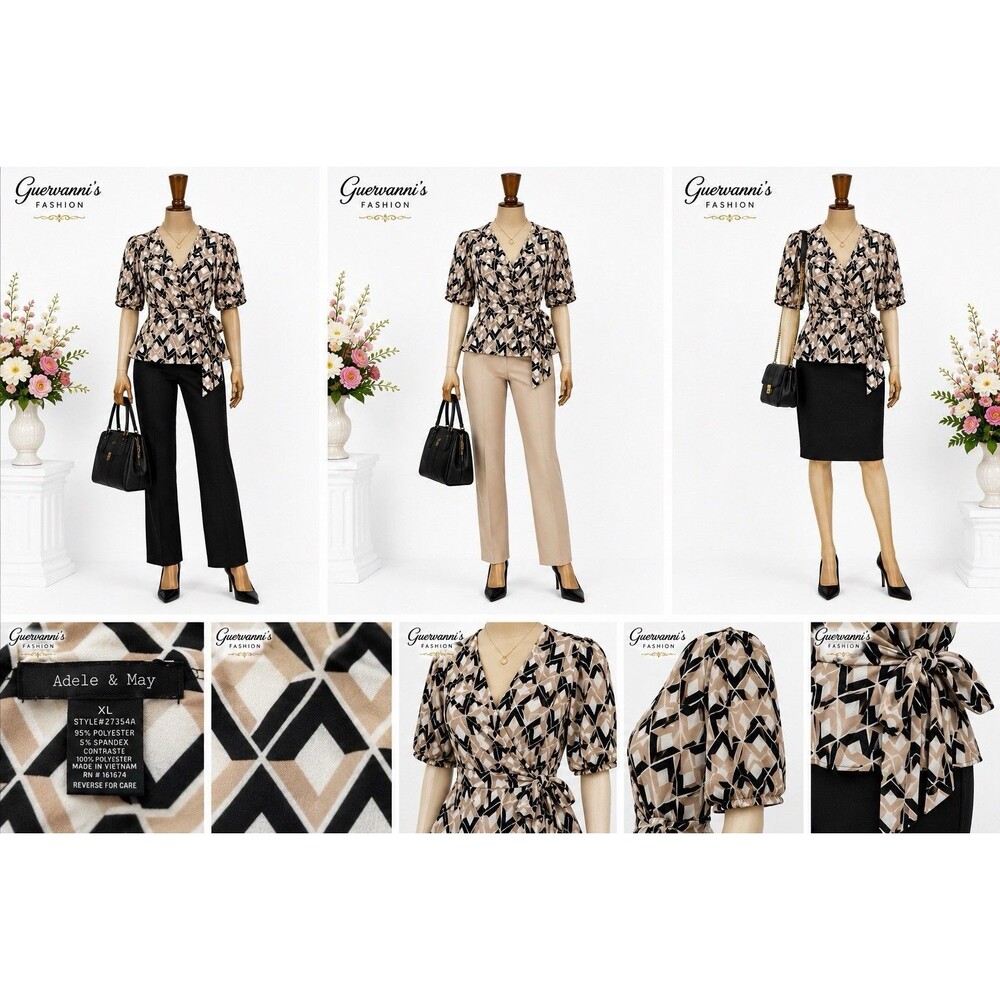 Adele & May Women’s XL Geometric Faux Wrap Peplum Blouse Stretch Career Office
